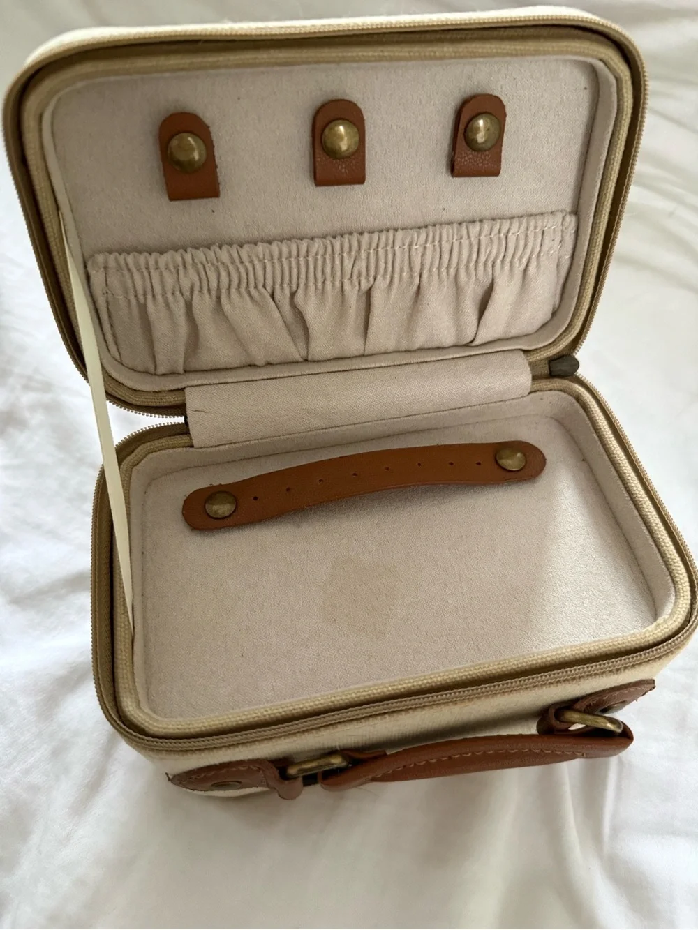 Pottery Barn Beige Canvas Jewelry Travel Case with Brown Leather Trim